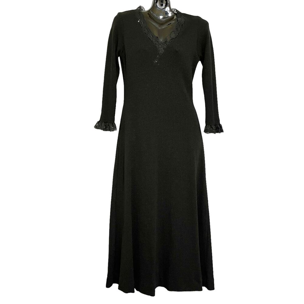 Vintage Julie Francis x Bernie Bee Sport Black Lace Trim Fit-&-Flare Maxi Dress